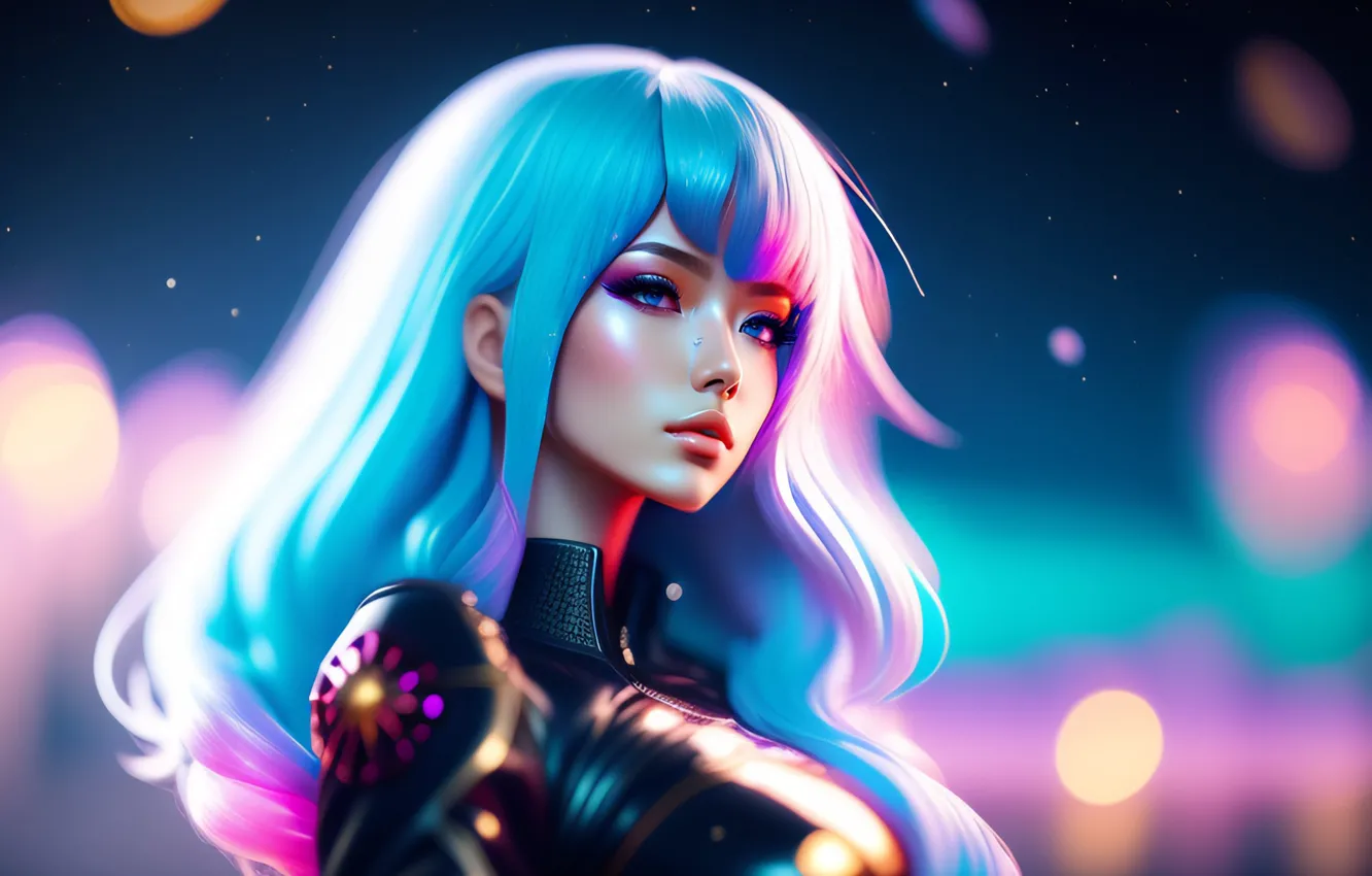 Photo wallpaper look, girl, hair, blue hair