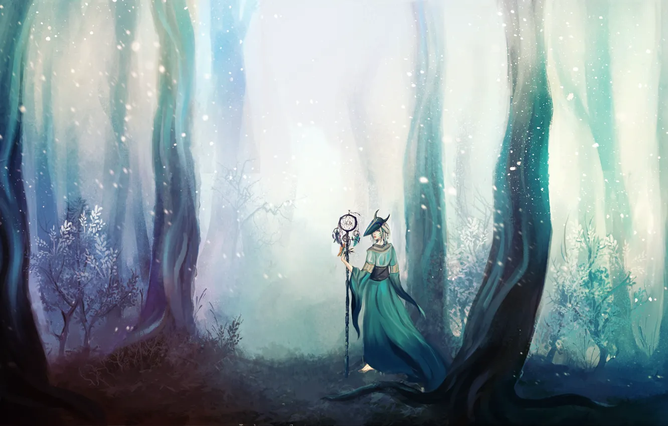 Photo wallpaper forest, girl, trees, mask, staff