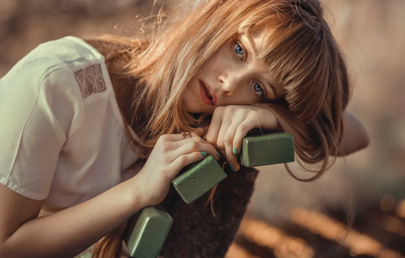 Photo wallpaper look, girl, bench