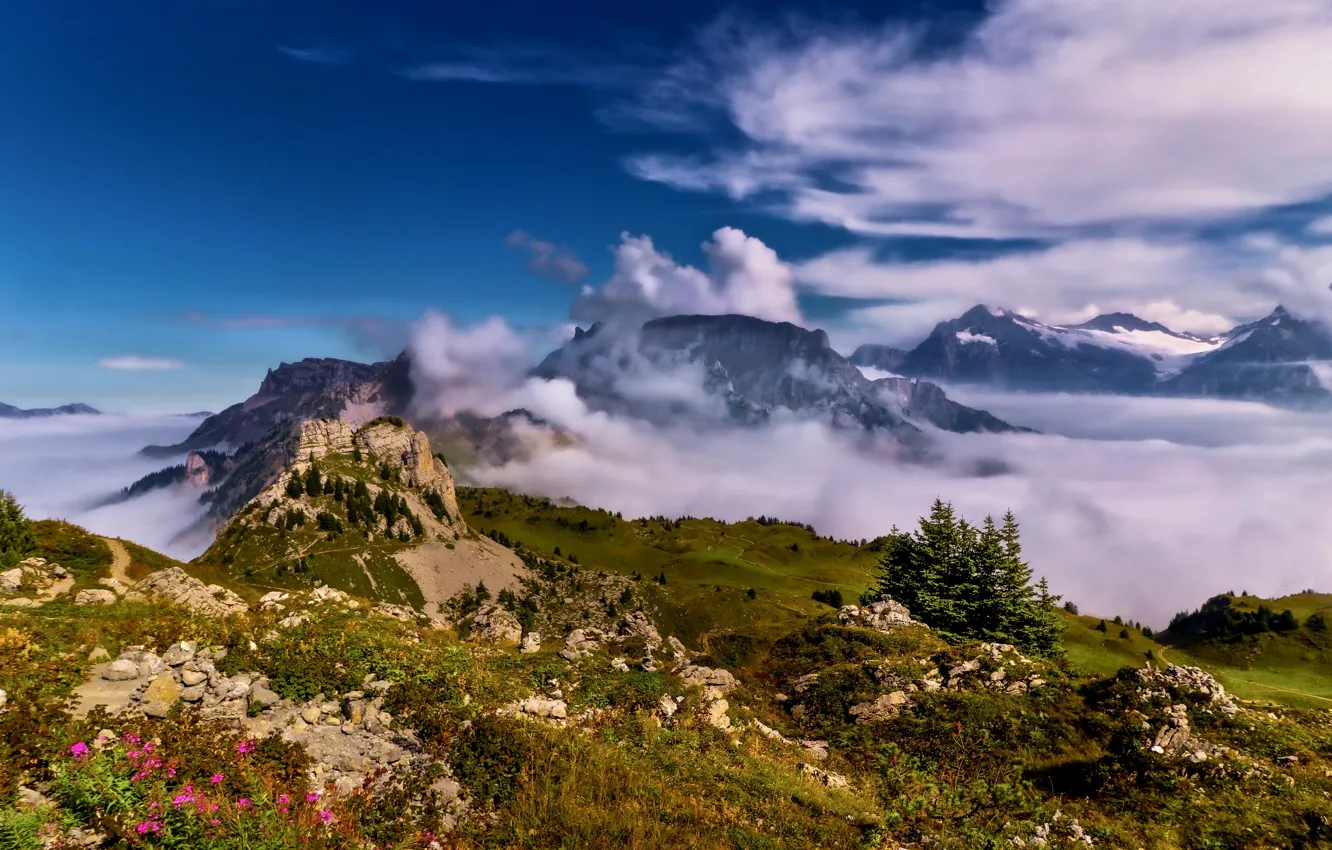 Photo wallpaper clouds, mountains, Switzerland