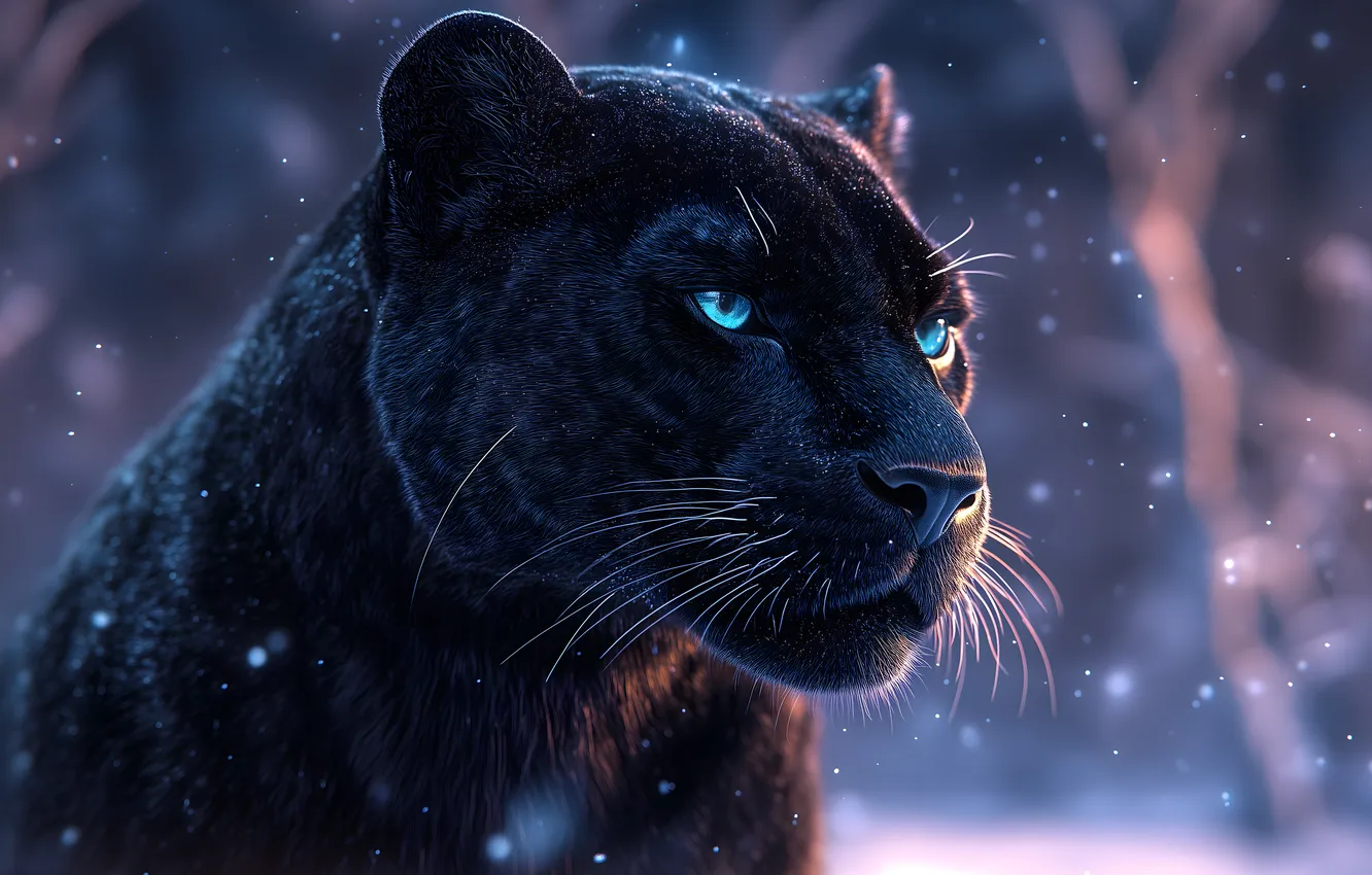 Photo wallpaper winter, look, face, night, Panther, snowfall, lilac, AI art