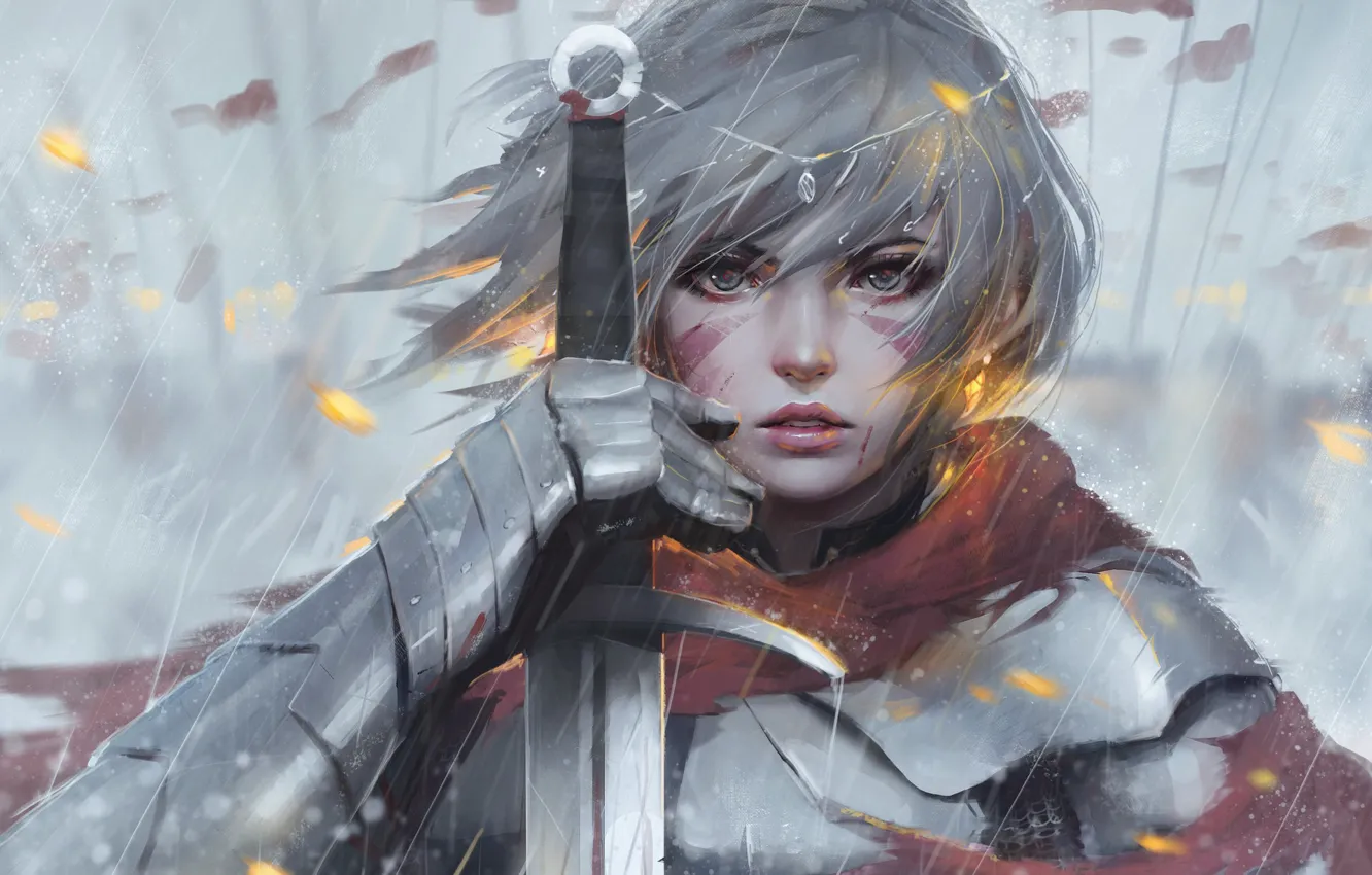 Photo wallpaper girl, sword, fantasy, rain, armor, eyes, art, tattoo