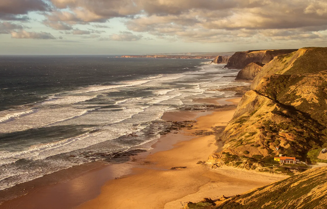 Photo wallpaper sea, wave, beach, clouds, light, mountains, rocks, hills