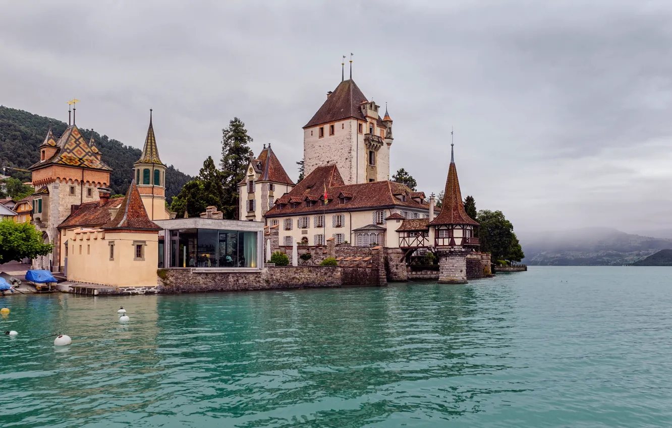 Photo wallpaper lake, castle, Switzerland, Switzerland, Lake Thun, Oberhofen Castle, lake Thun, Oberhofen Castle