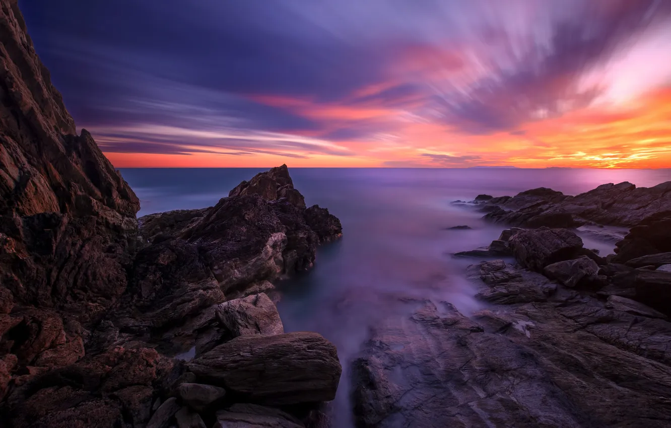 Photo wallpaper clouds, light, sunset, fog, rocks, dawn, horizon, space