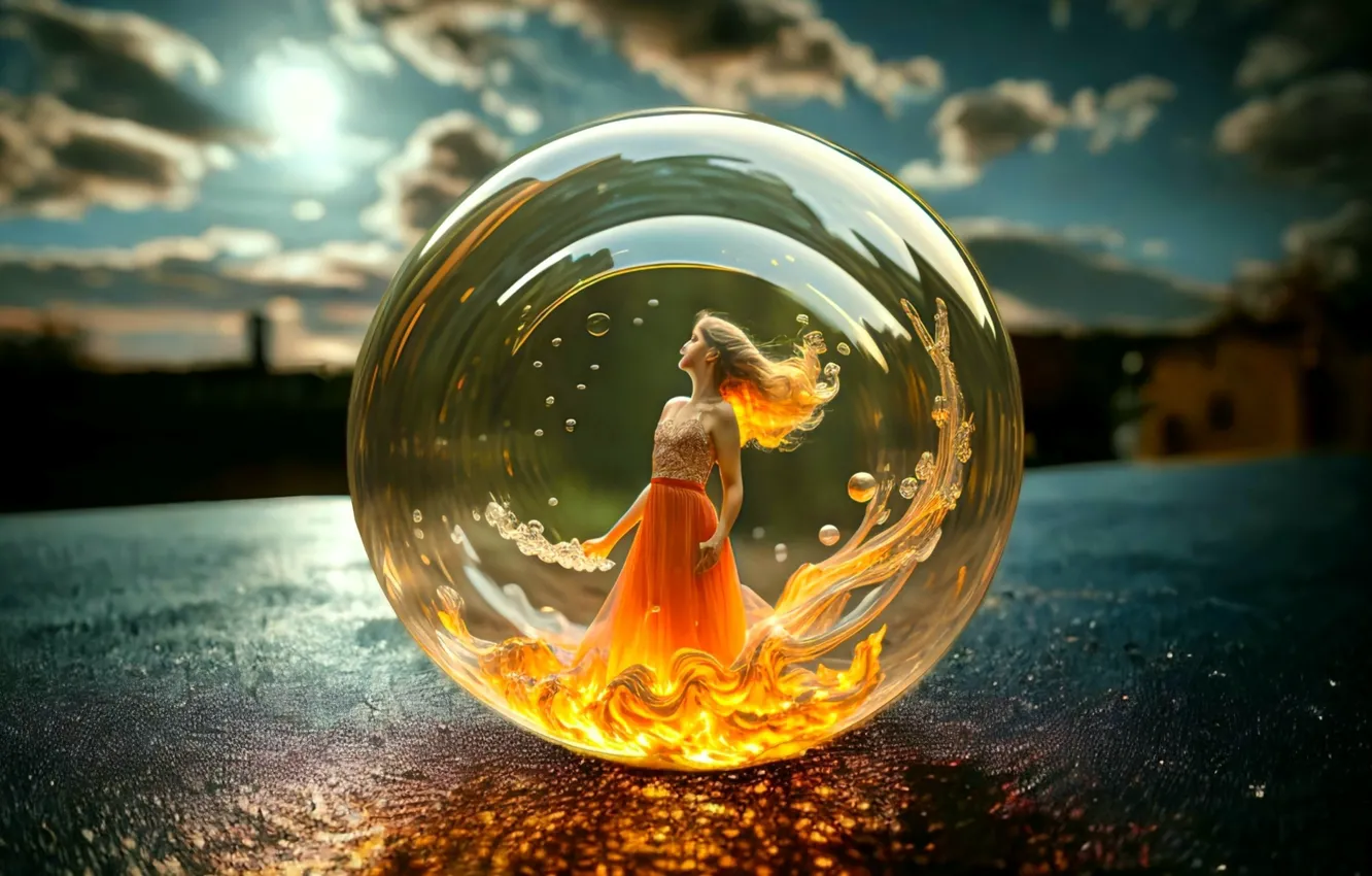 Photo wallpaper balls, bokeh, girl, transparent sphere, home, digital art, clouds