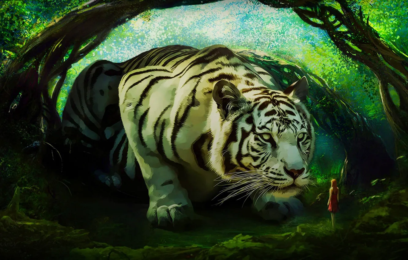Photo wallpaper girl, tiger, white tiger