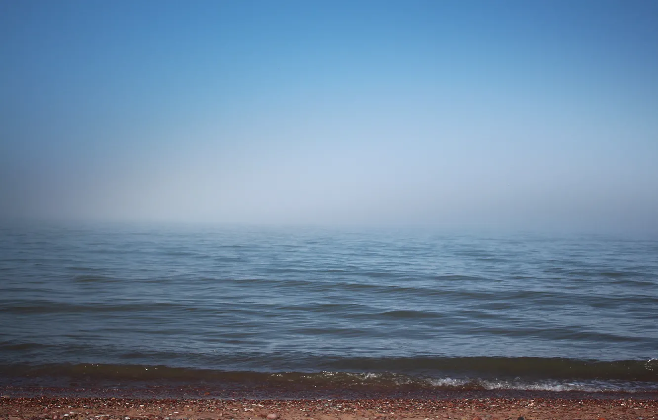 Photo wallpaper sand, sea, the sky, water, fog, stones, wave, horizon