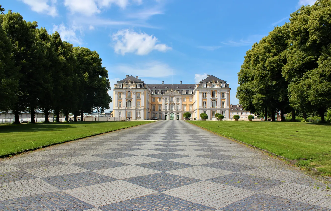 Photo wallpaper road, trees, landscape, Park, castle, architecture