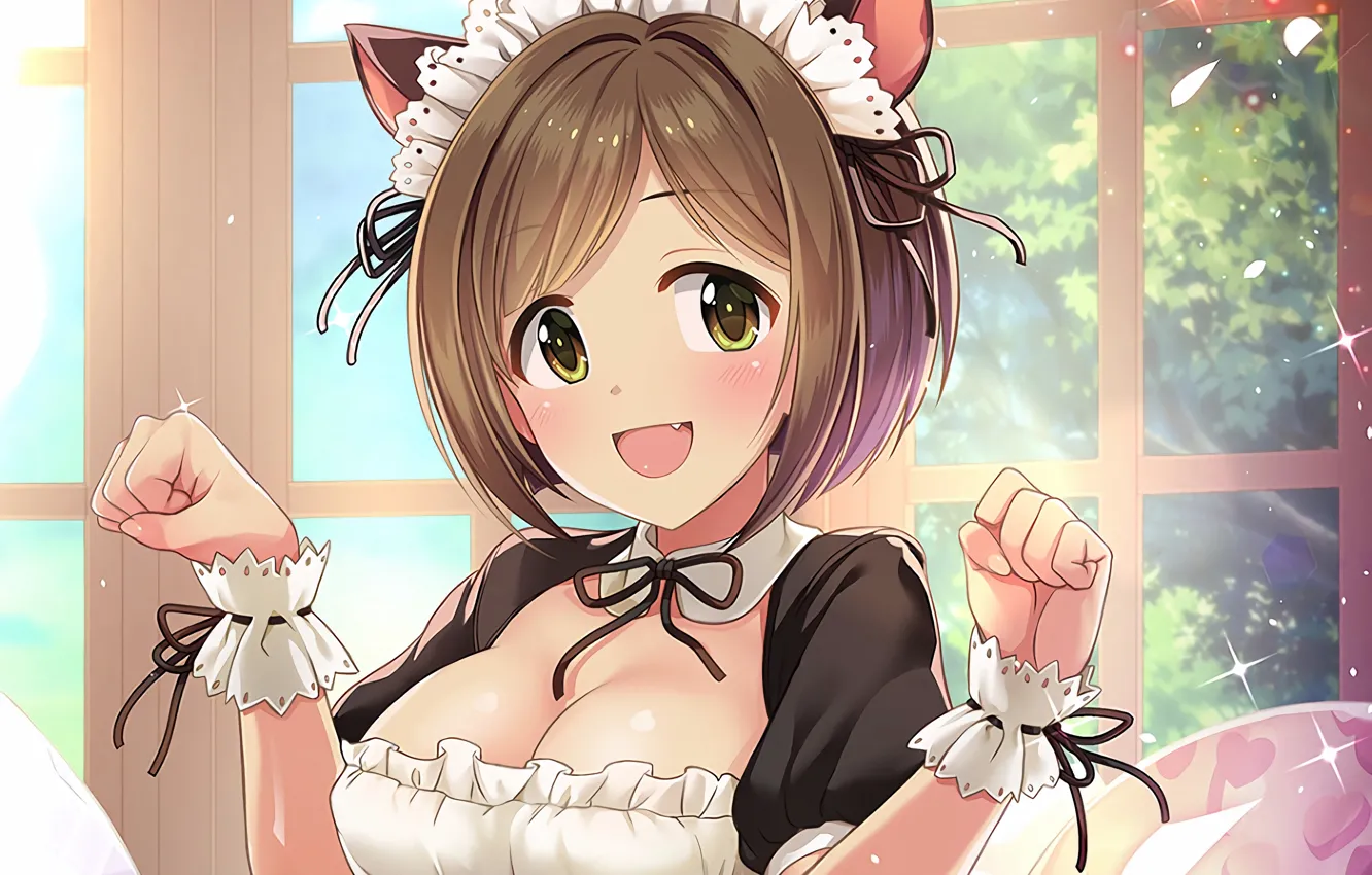 Photo wallpaper girl, sexy, cleavage, boobs, anime, beautiful, short hair, pretty