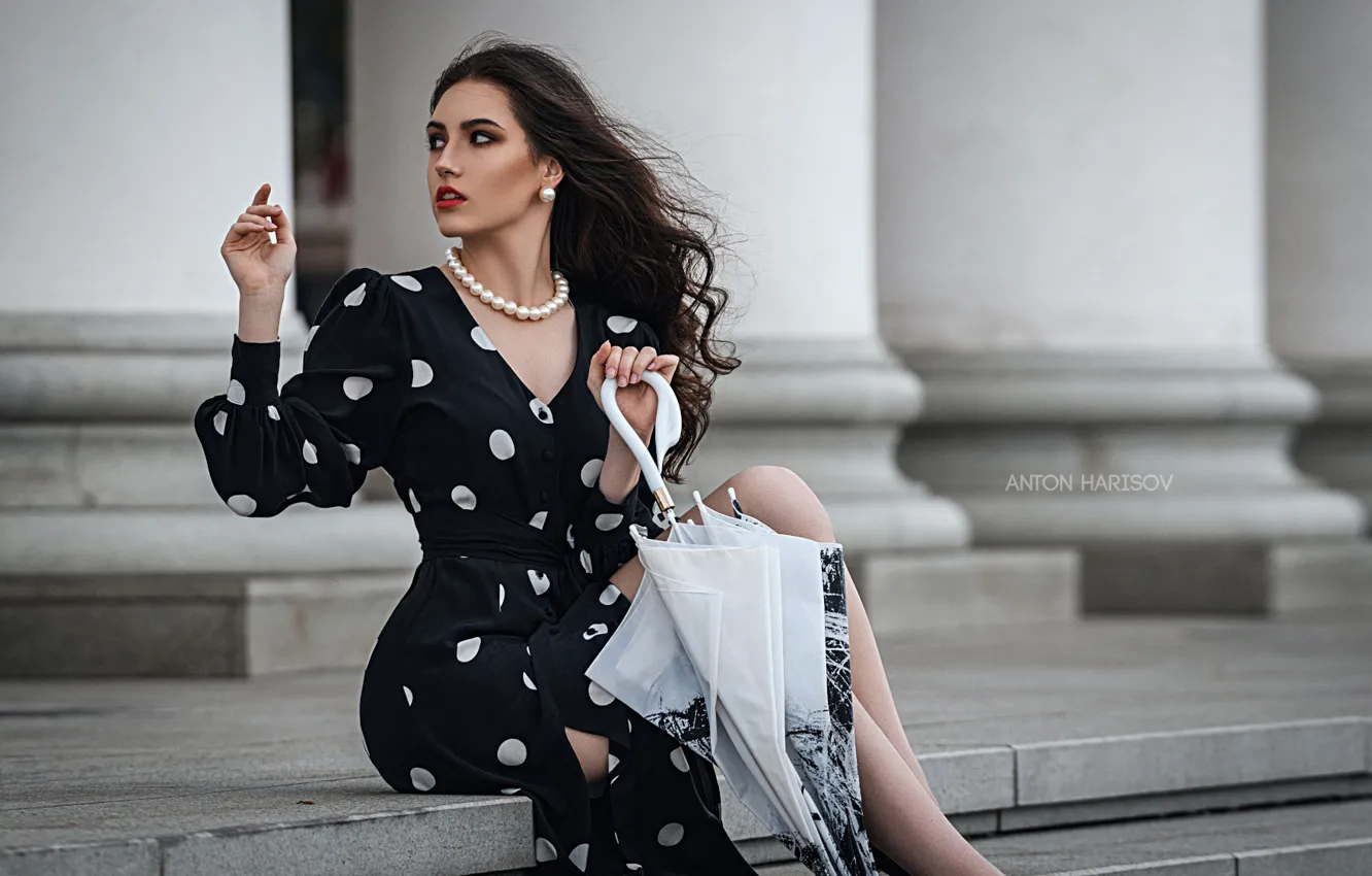 Photo wallpaper girl, pose, umbrella, dress, columns, stage, polka dot, Anton Kharisov