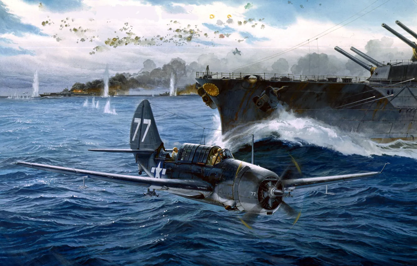 Photo wallpaper Battle, The battle, Ships, Art, Bomber, Deck, American, Helldiver