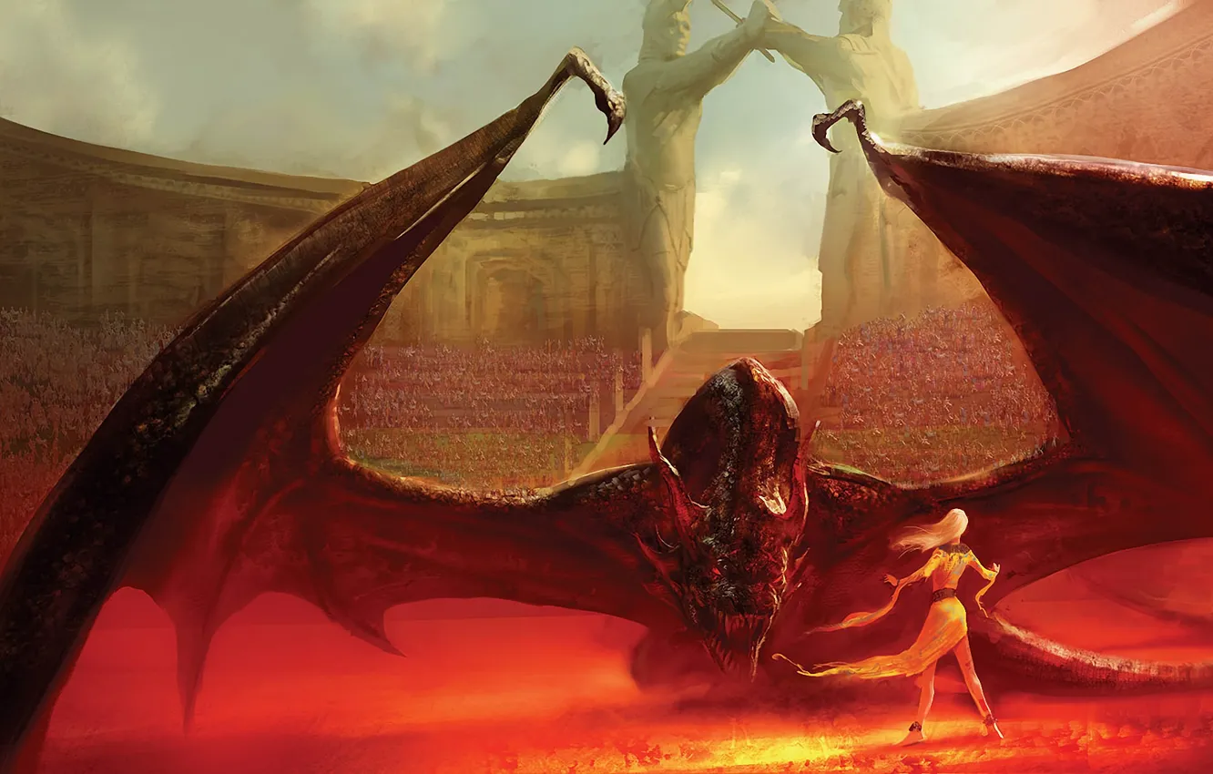 Photo wallpaper girl, dragon, art, statue, stadium, MarcSimonetti