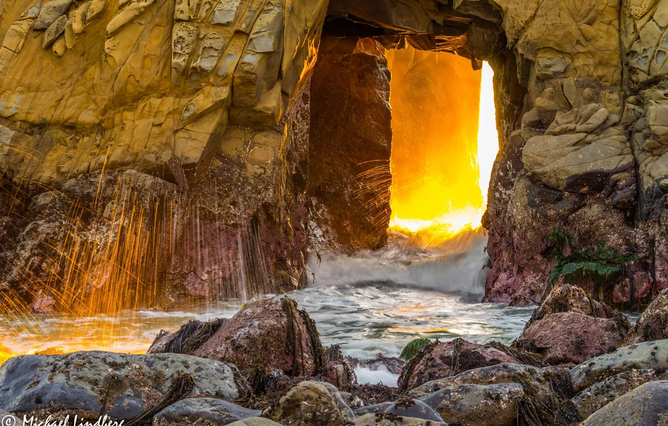Photo wallpaper water, the sun, squirt, the ocean, rocks, dawn, CA, arch