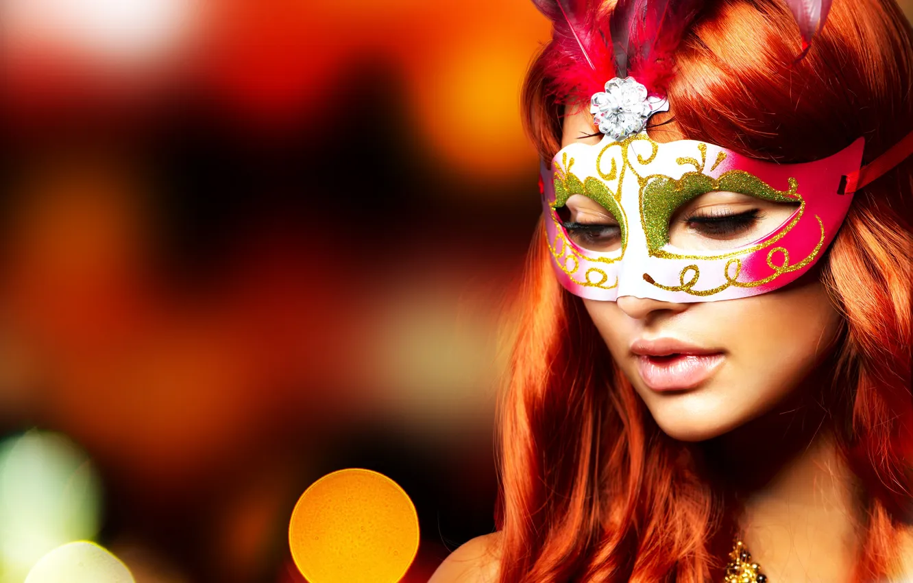 Photo wallpaper look, girl, brown hair, lips, mask