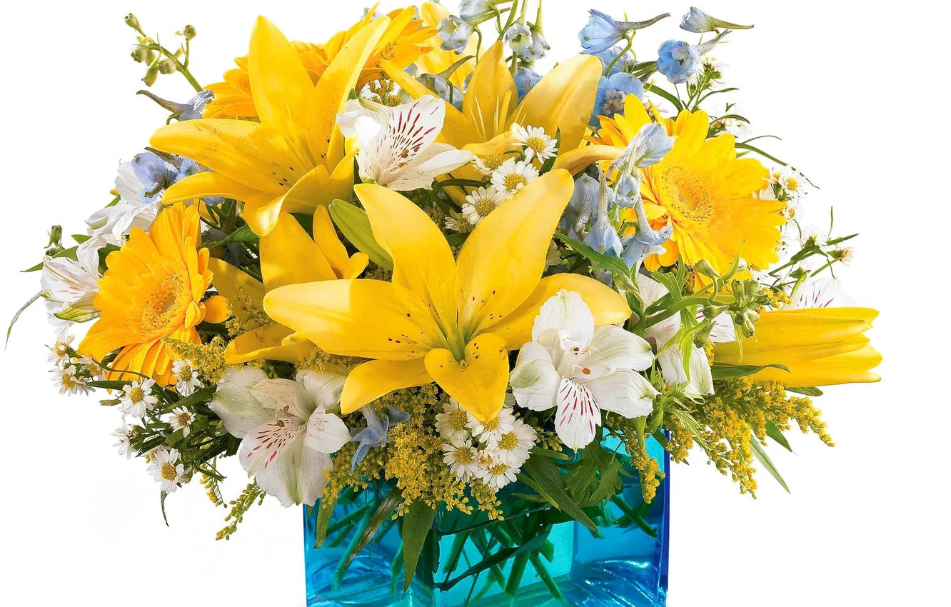 Photo wallpaper Lily, chamomile, bouquet, vase