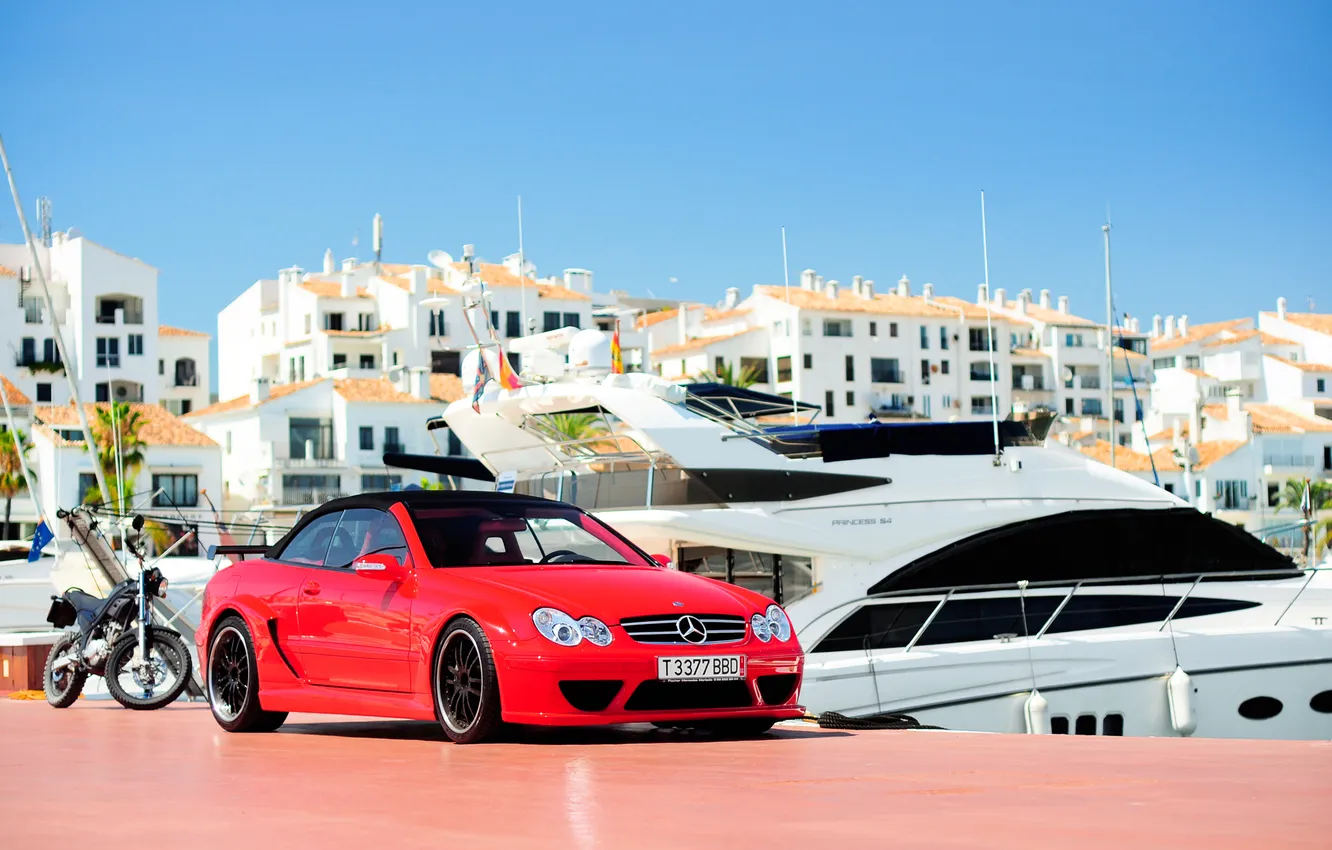 Photo wallpaper red, yacht, pier, Mercedes, convertible, Spain, Mercedes, Mercedes-Benz CLK DTM AMG Cabriolet