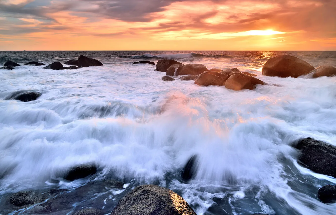 Photo wallpaper sea, sunset, stones, surf