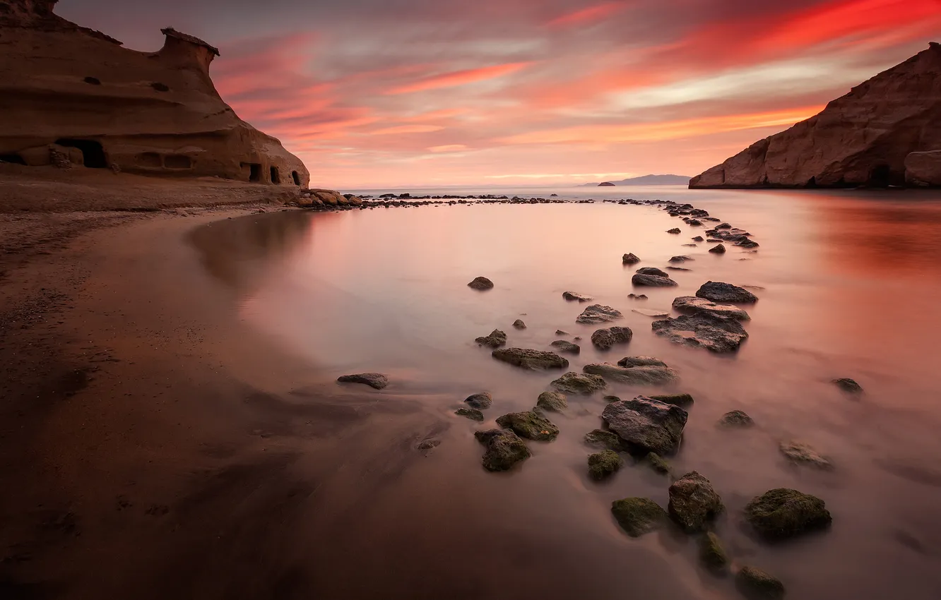 Photo wallpaper sea, the sky, clouds, stones, rocks, Bay, tide