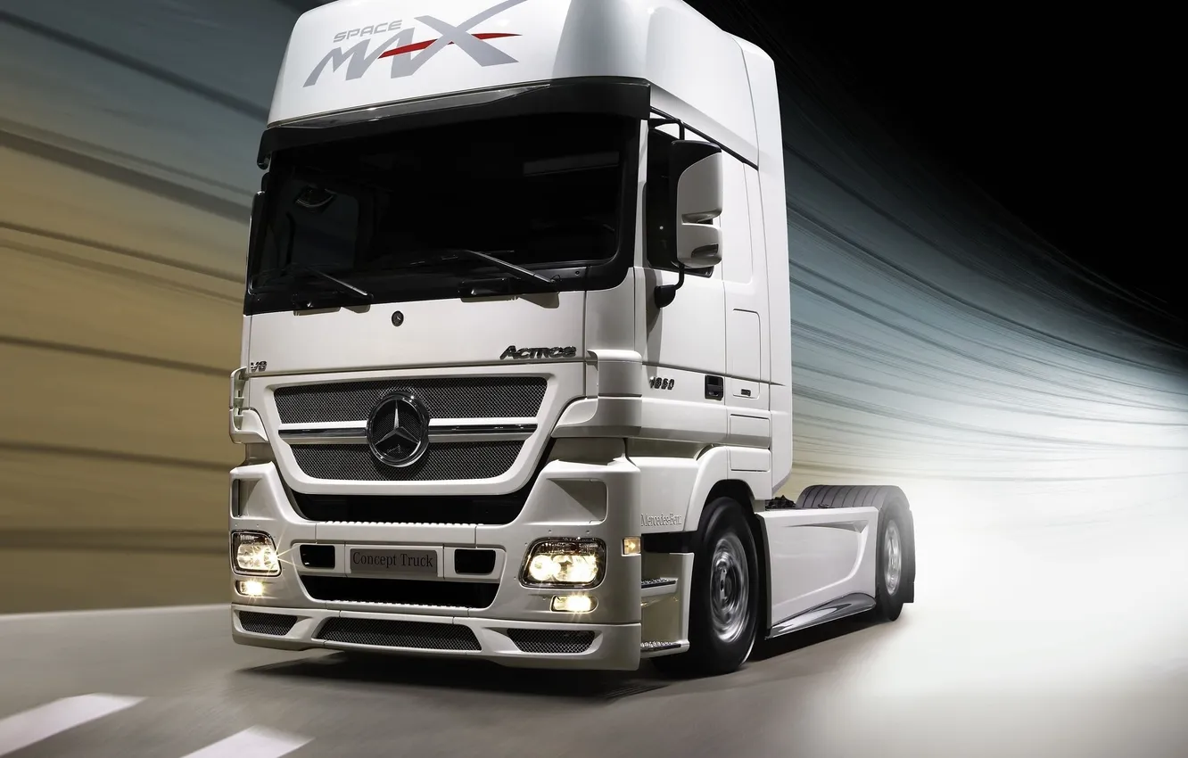 Photo wallpaper road, head, tent, Truck, Mercedes, Benz, 2012, new