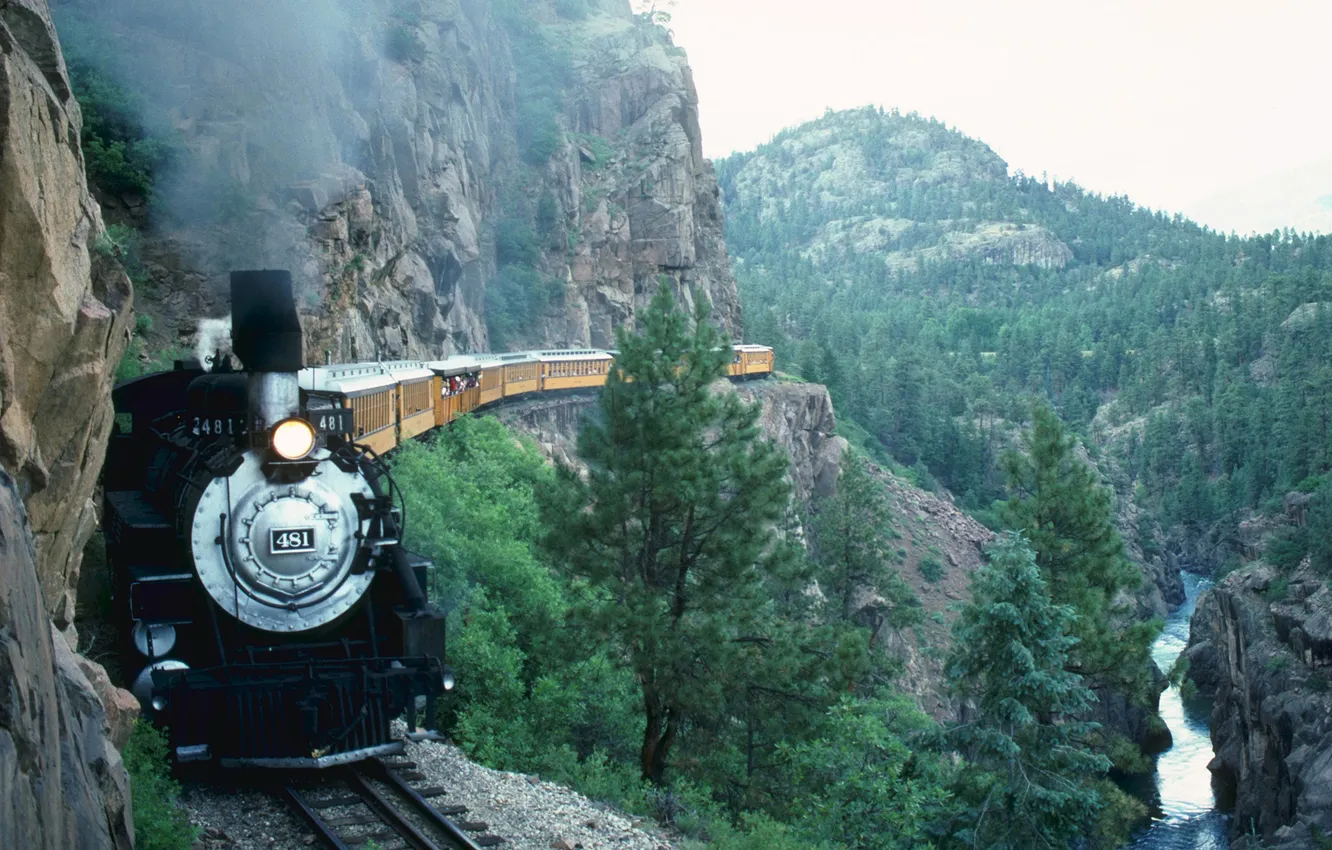 Photo wallpaper trees, mountains, river, open, plant, train, cars, railroad