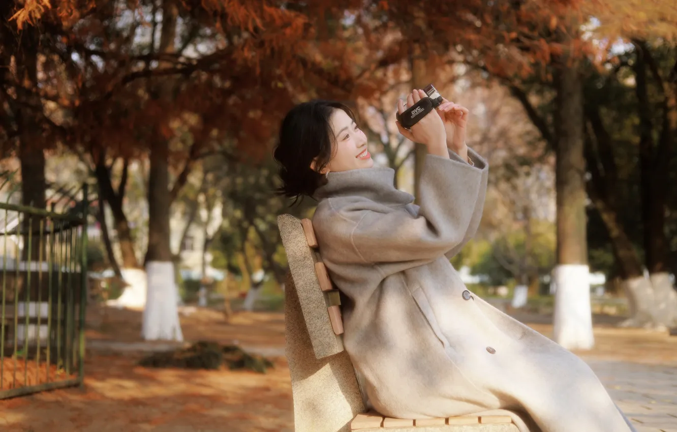 Photo wallpaper Beautiful, Asian, Model, Smile, Camera, Woman, Cute, Trees