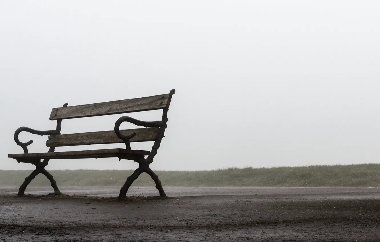 Photo wallpaper road, fog, bench