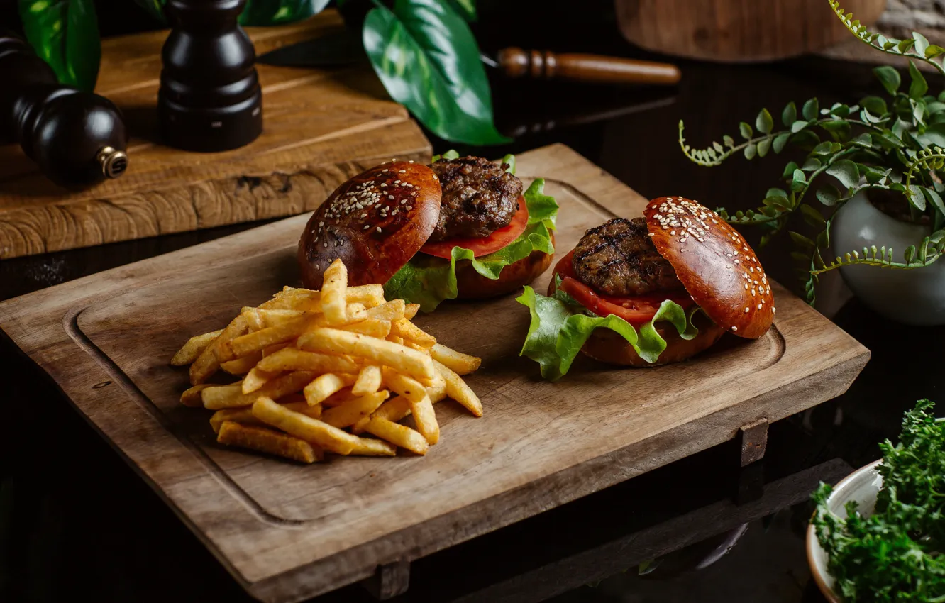 Photo wallpaper greens, vegetables, tomatoes, tomatoes, Patty, roll, fast food, salad