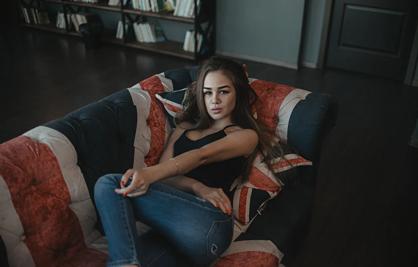 Photo wallpaper ass, pose, sofa, model, hair, Girl, jeans, Victoria Rusko