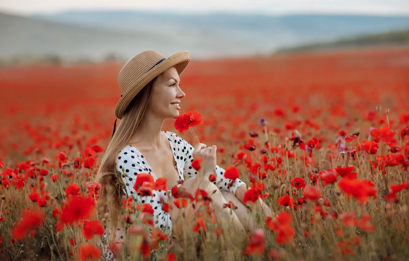 Photo wallpaper field, summer, girl, flowers, red, smile, hills, Maki