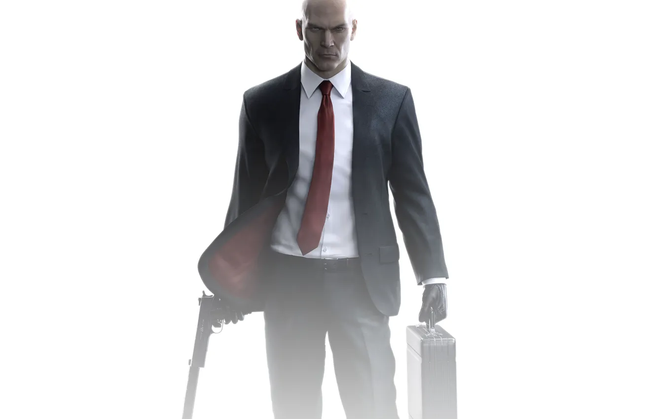 Photo wallpaper look, gun, weapons, bald, costume, tie, Hitman, jacket