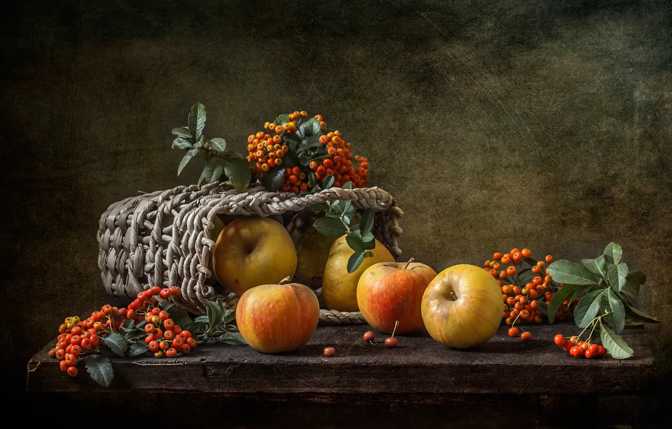 Photo wallpaper berries, background, apples, still life, basket, English