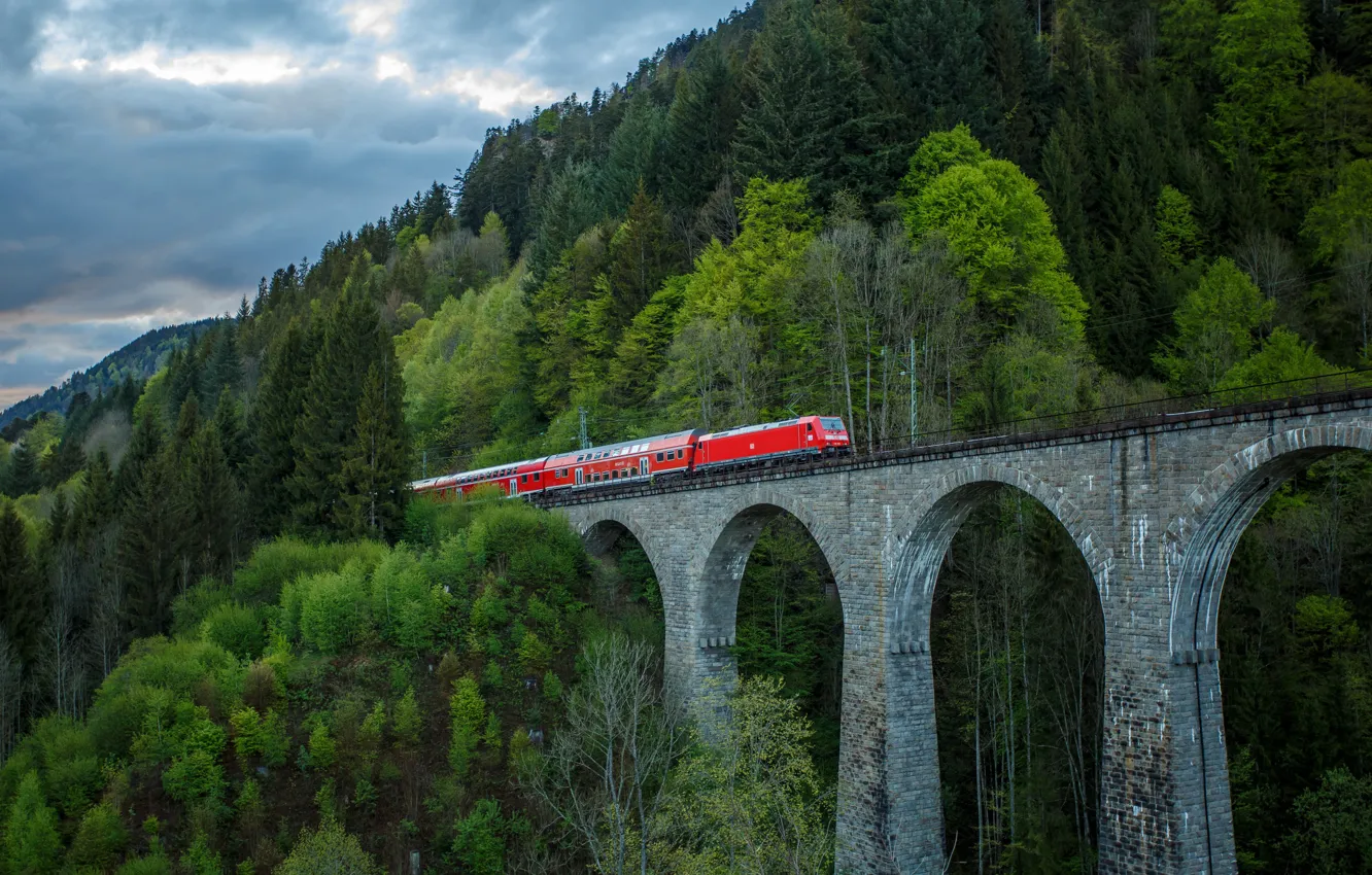 Photo wallpaper landscape, bridge, train