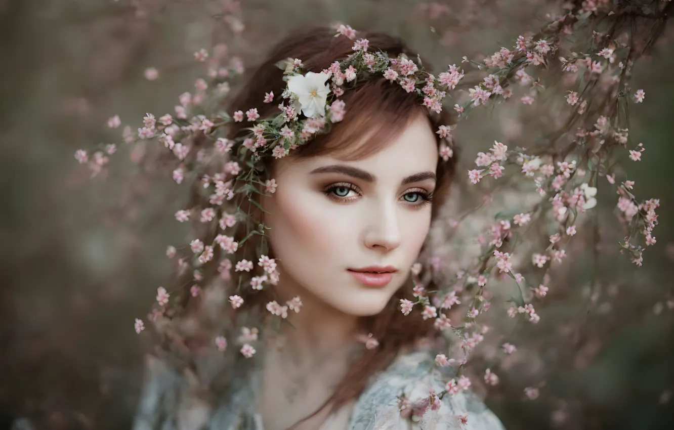 Photo wallpaper girl, flowers, branches, face, portrait, spring, flowering, Roberta