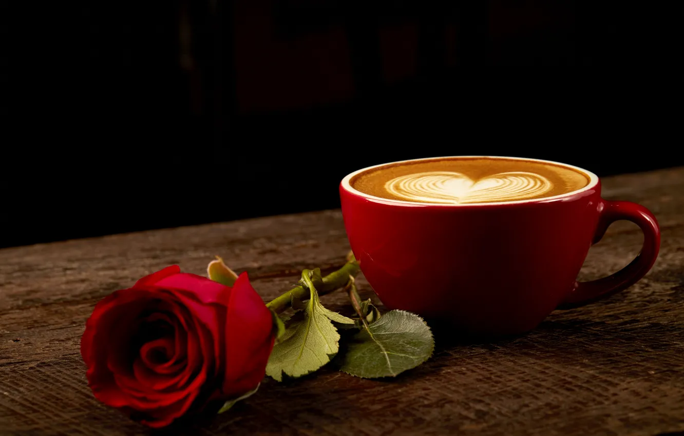 Photo wallpaper heart, coffee, roses, Bud, Cup, red, love, rose