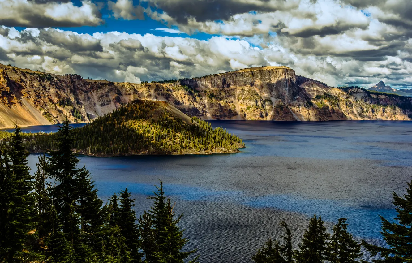 Photo wallpaper clouds, trees, lake, rocks, USA, crater, Oregon, Crater Lake National Park