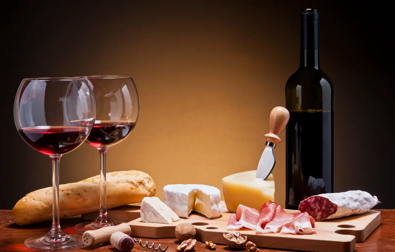 Photo wallpaper wine, red, bottle, cheese, glasses, bread, meat, sausage