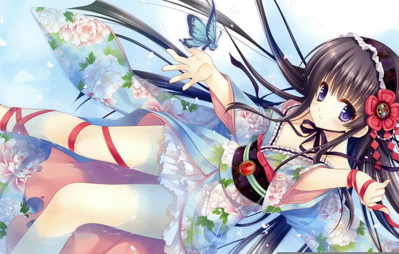 Photo wallpaper flowers, butterfly, anime, art, girl