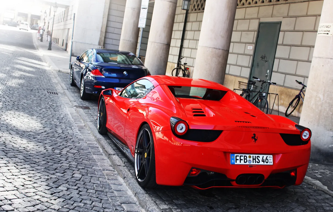 Photo wallpaper the city, street, BMW, BMW, Ferrari, red, Ferrari, 458