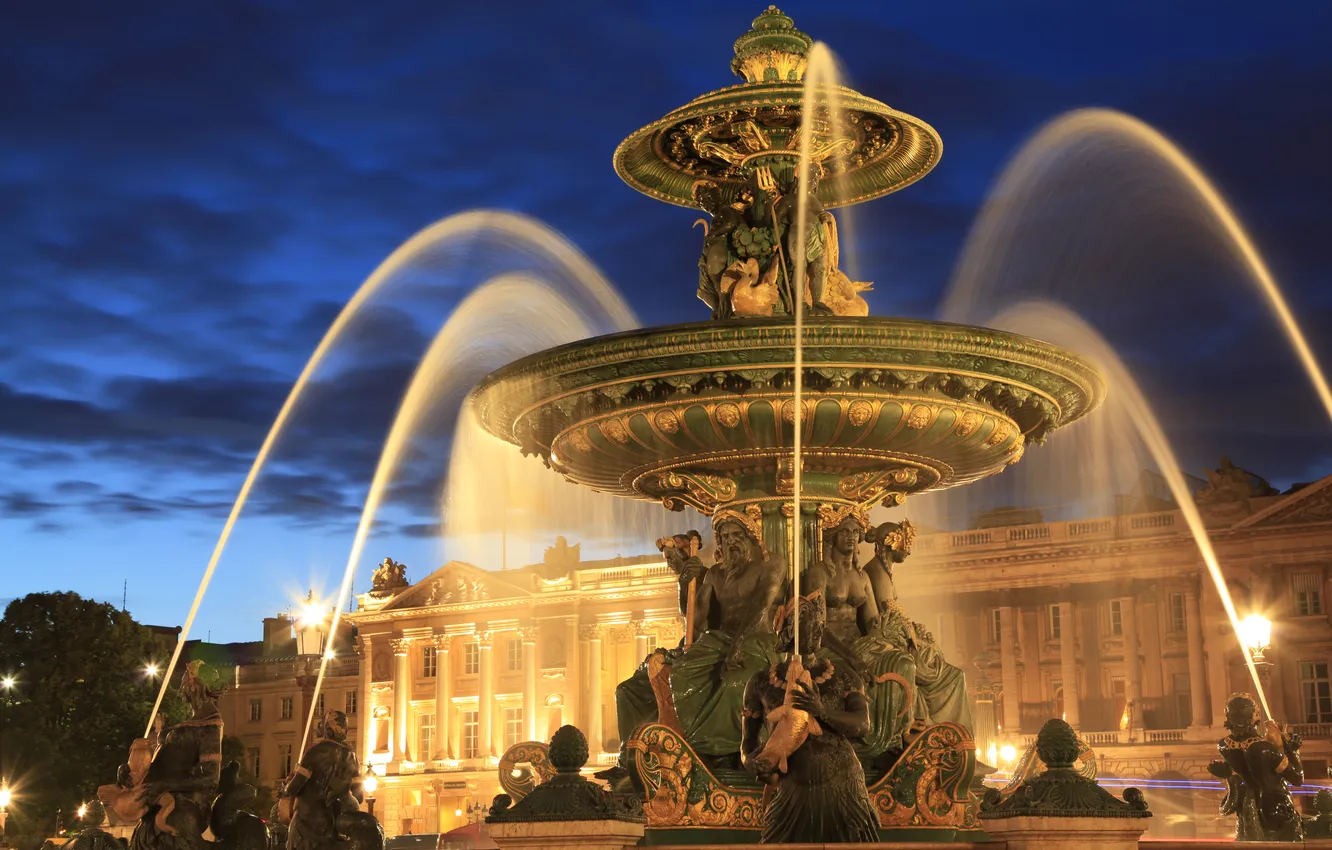 Photo wallpaper night, lights, France, Paris, lights, fountain, architecture, Place de la Concorde