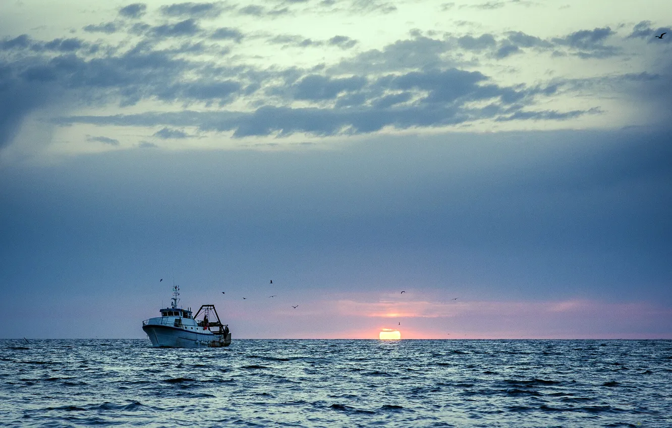 Photo wallpaper sea, the sun, sunset, dawn, boat, dal, horizon