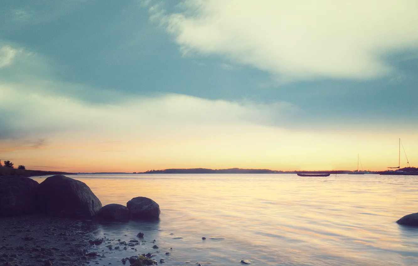 Photo wallpaper sea, the sky, water, clouds, landscape, sunset, nature, stones