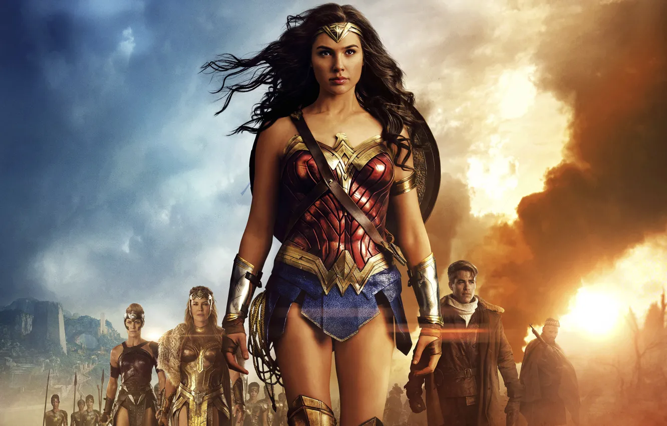 Photo wallpaper cinema, Wonder Woman, armor, movie, brunette, film, Chris Pine, warrior
