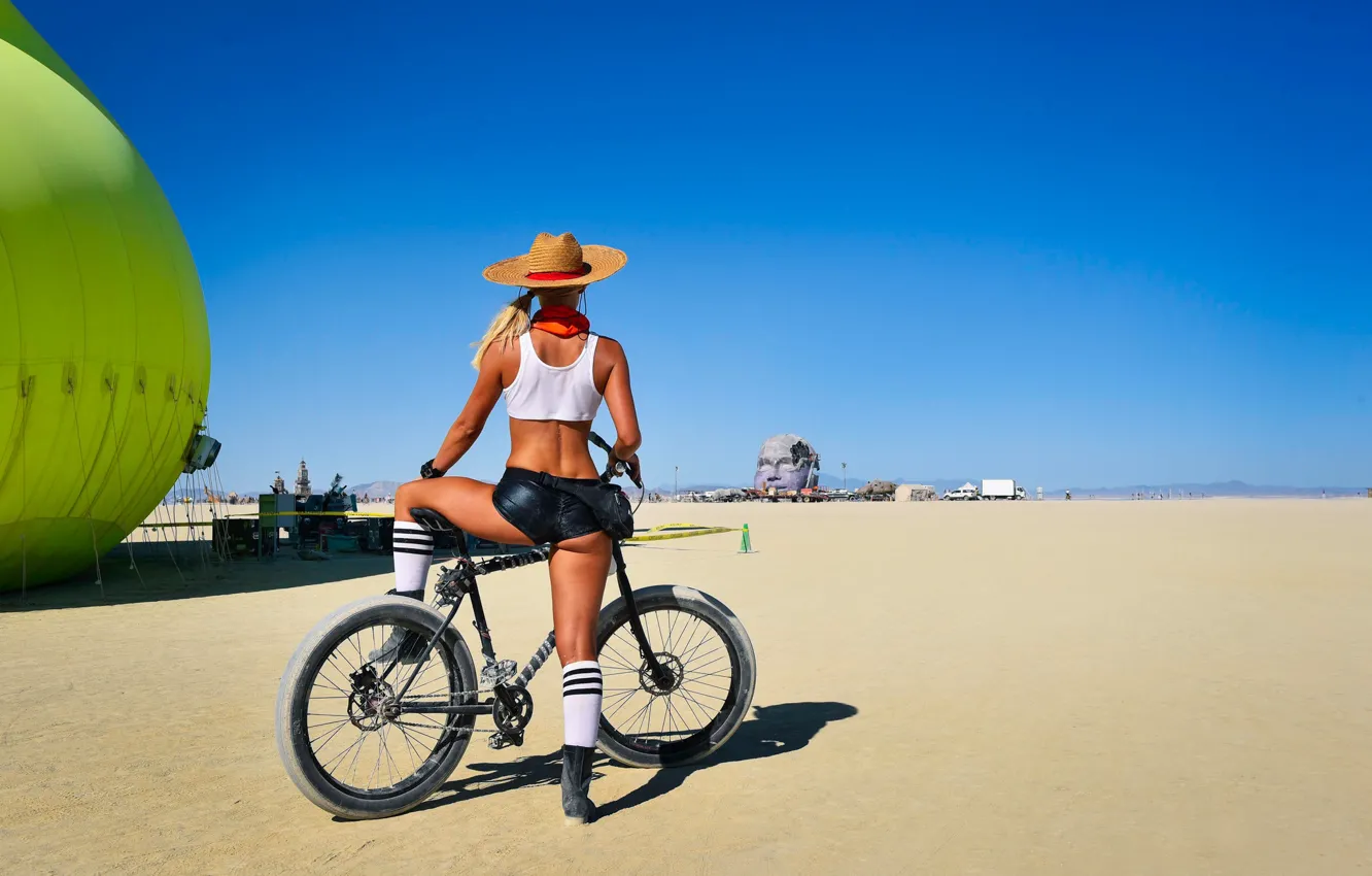 Photo wallpaper girl, bike, pose, hat, figure, shorts