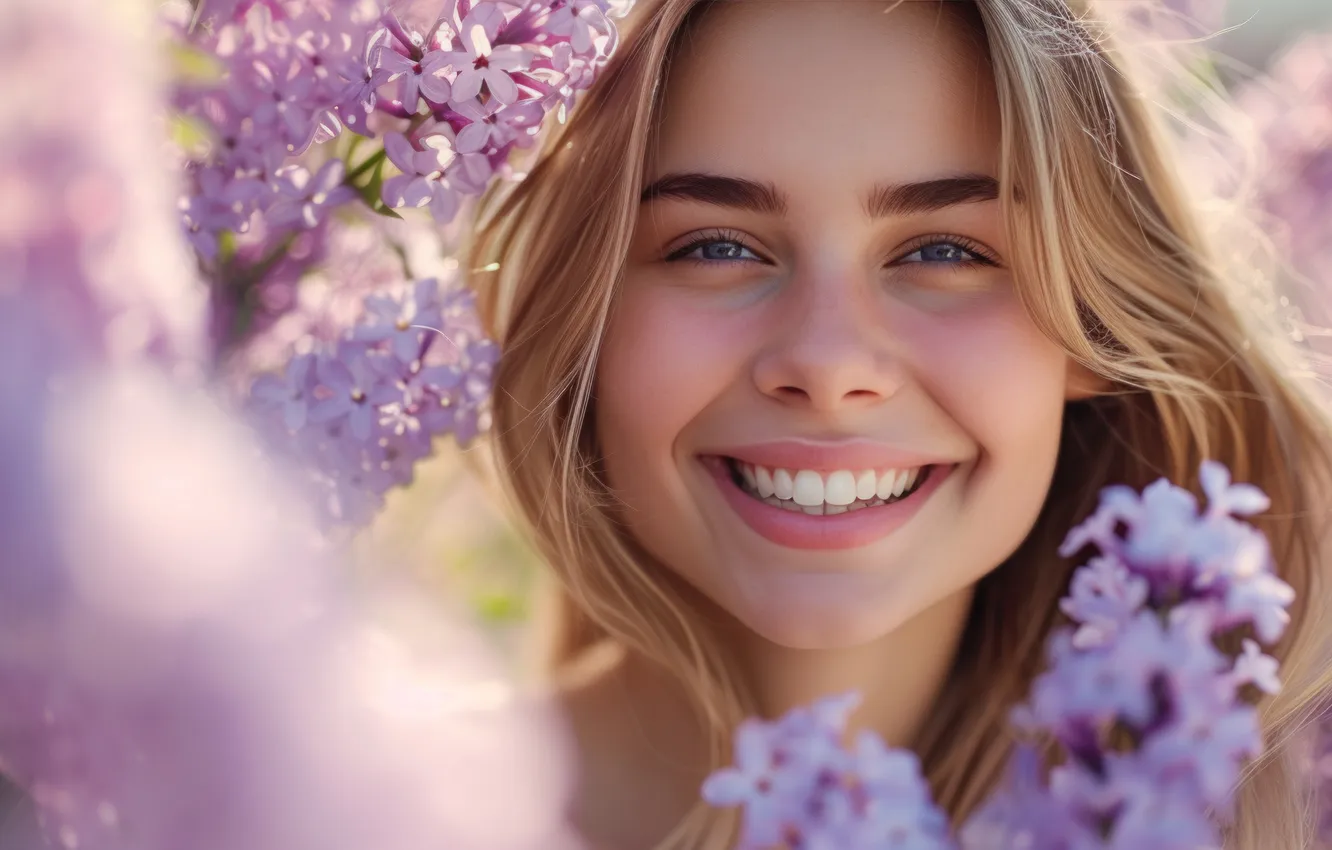 Photo wallpaper look, girl, light, joy, flowers, face, smile, portrait