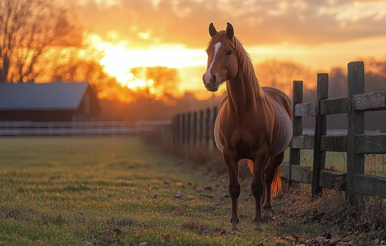 Photo wallpaper field, sunset, horse, horse, home, fence, AI art, neural network