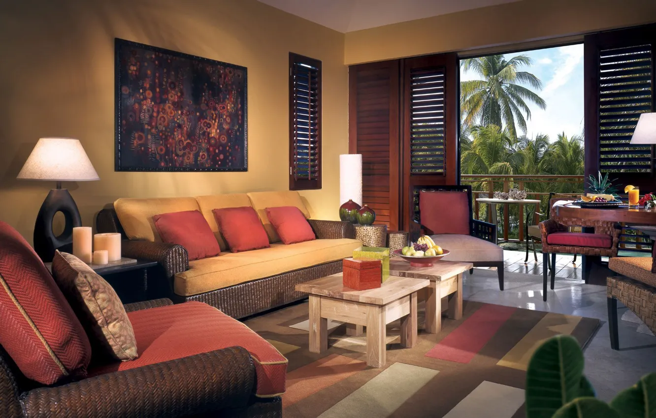 Photo wallpaper palm trees, room, sofa, interior, balcony