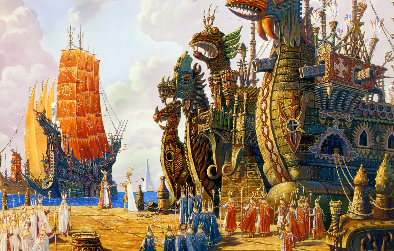 Photo wallpaper clouds, birds, ships, paganism, Fleet Hyperborea to execute the order, Vsevolod Ivanov