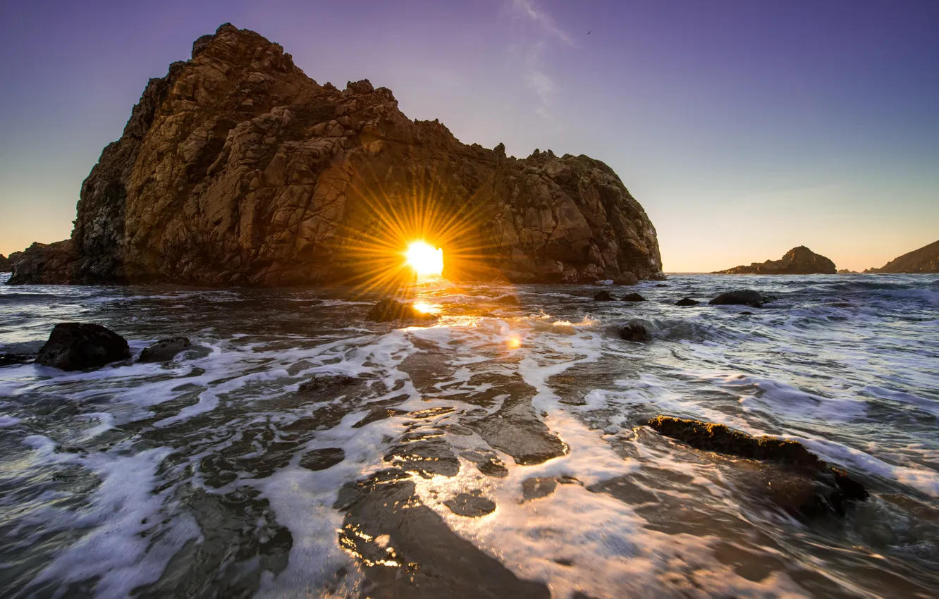 Photo wallpaper sunset, rock, the ocean, CA