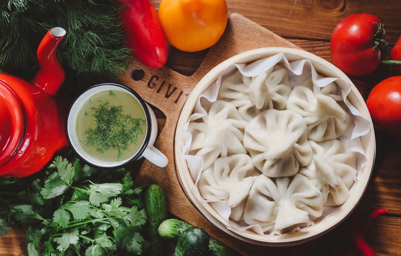 Photo wallpaper pepper, Broth, tomatoes, parsley, cucumbers, khinkali